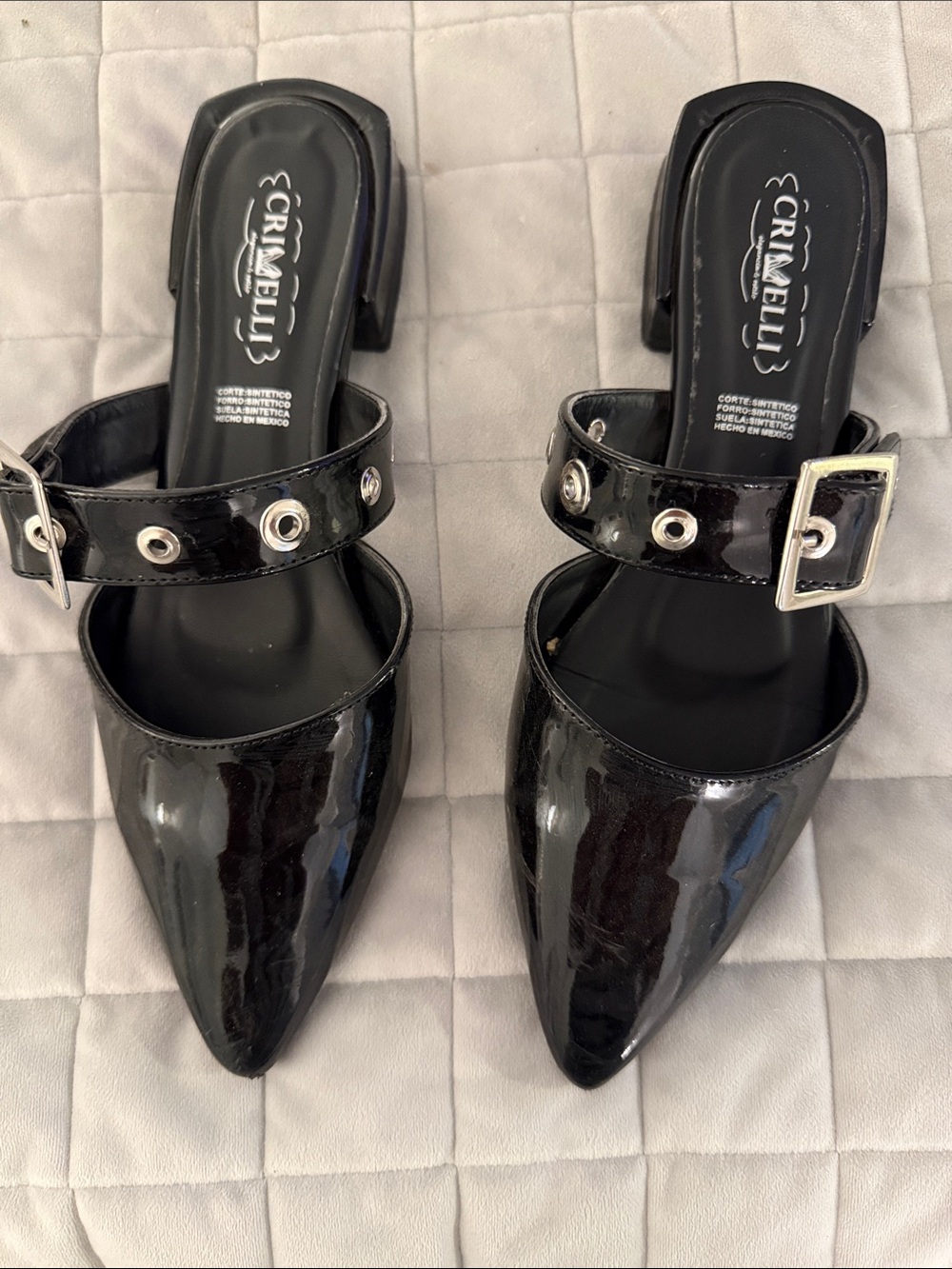Black Patent Pointed Toe Mule with Buckle Strap